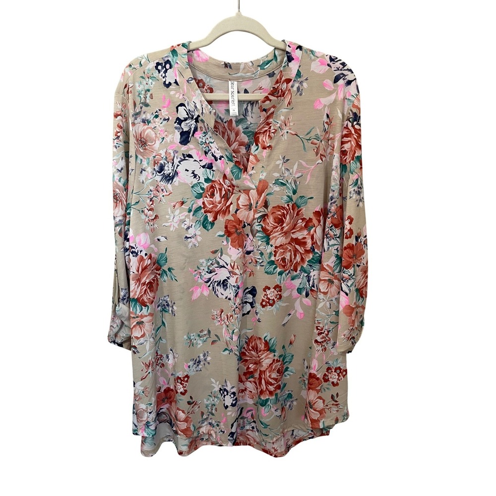 Dear Scarlett Size 3X Lizzy Wrinkle Free Tunic Top Tan Floral 3/4 Sleeve Stretch